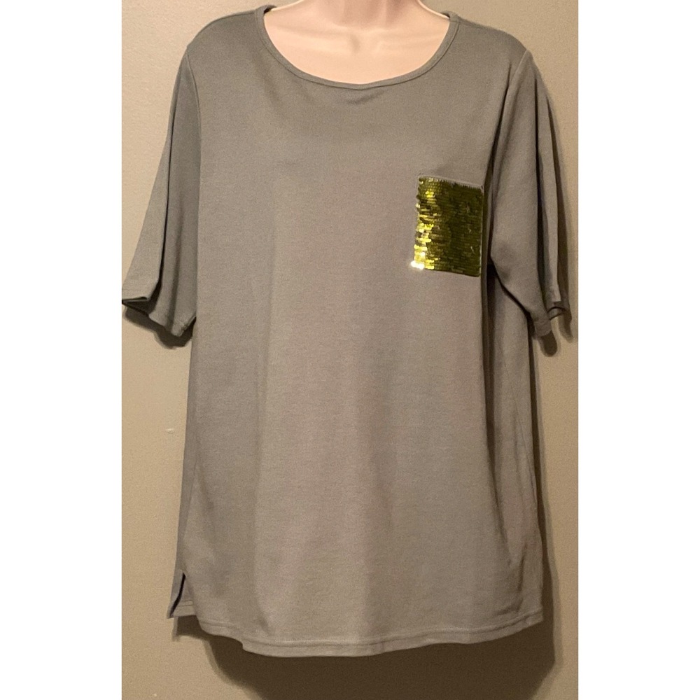 Quacker Factory Top Short Sleeve BRIGHT Green Sequins Pocket Sage Green Large L